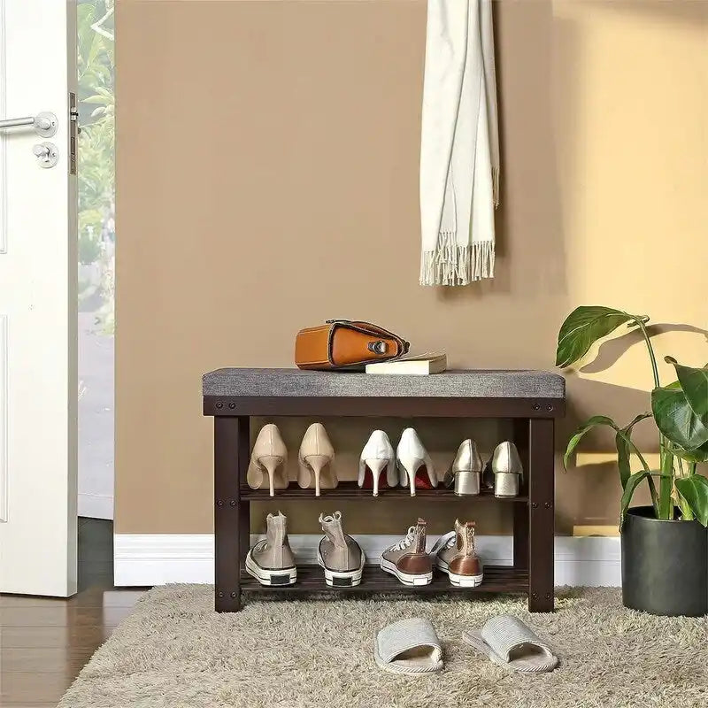2-Shelf Bamboo Shoe Bench with Cushion, Seat for 1, Natural/Brown/Black/White + Gray