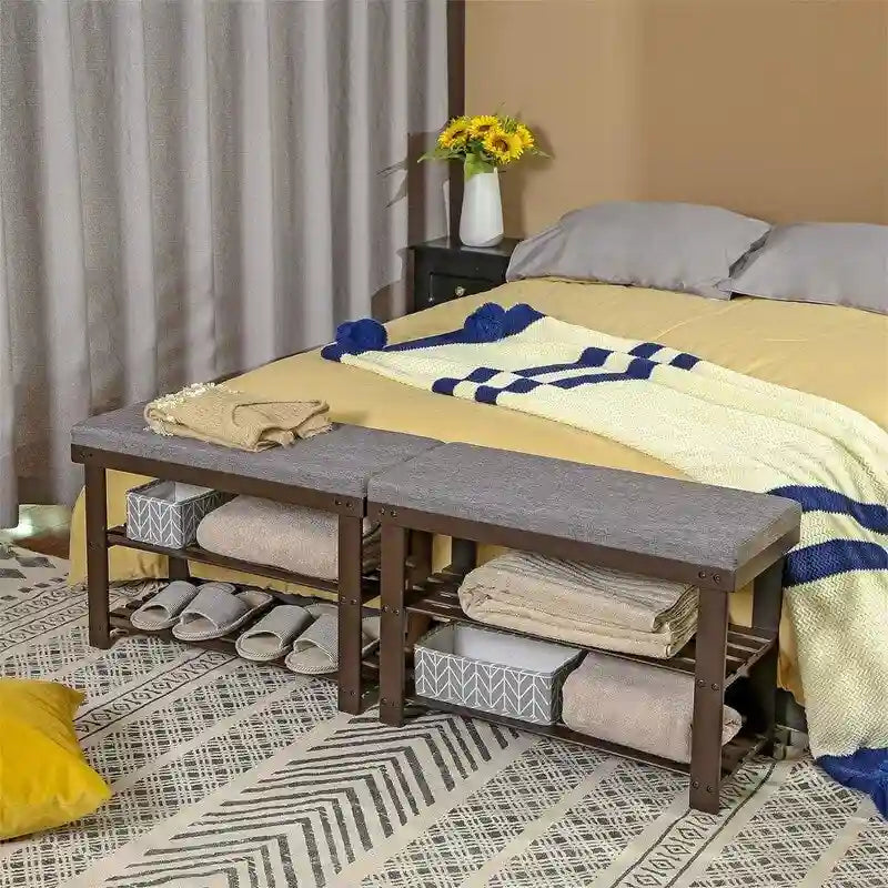 2-Shelf Bamboo Shoe Bench with Cushion, Seat for 1, Natural/Brown/Black/White + Gray