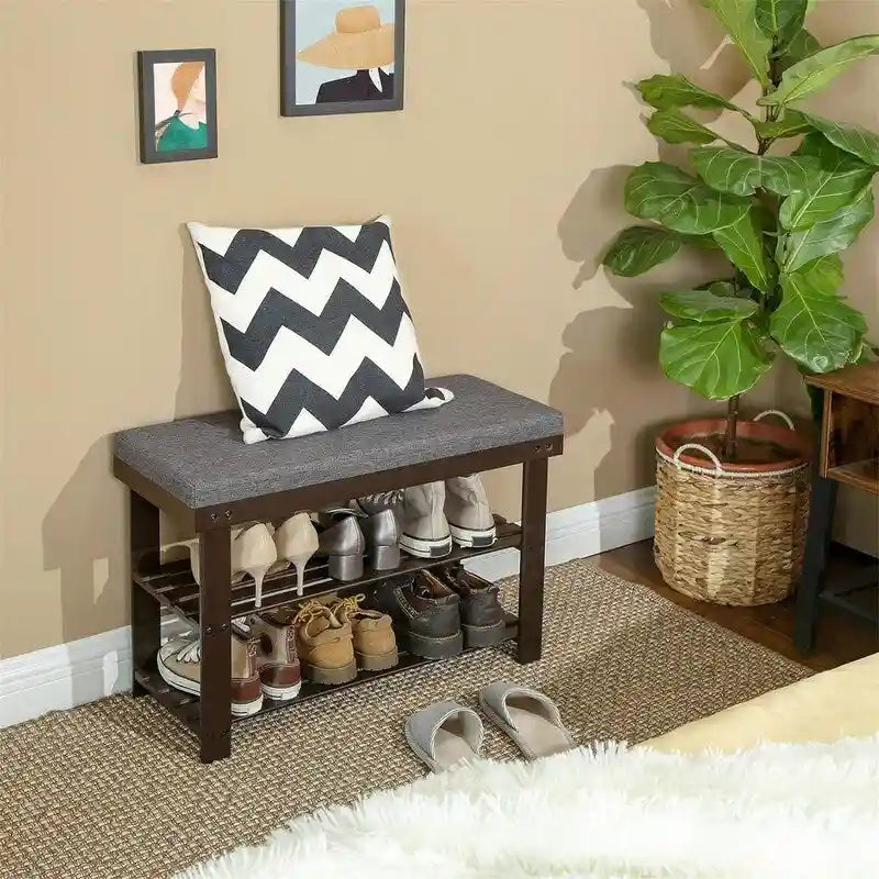 2-Shelf Bamboo Shoe Bench with Cushion, Seat for 1, Natural/Brown/Black/White + Gray