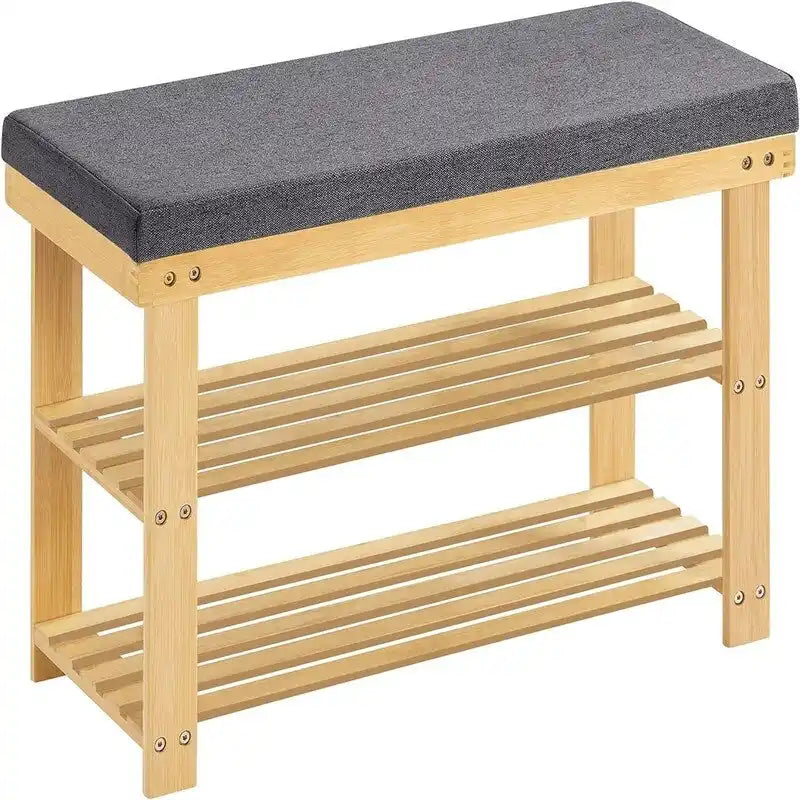 2-Shelf Bamboo Shoe Bench with Cushion, Seat for 1, Natural/Brown/Black/White + Gray