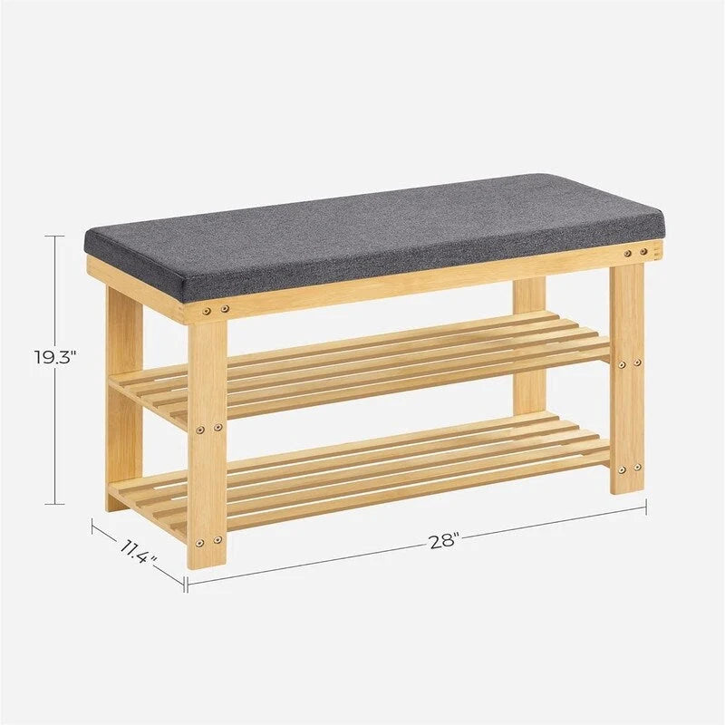 2-Shelf Bamboo Shoe Bench with Cushion, Seat for 1, Natural/Brown/Black/White + Gray