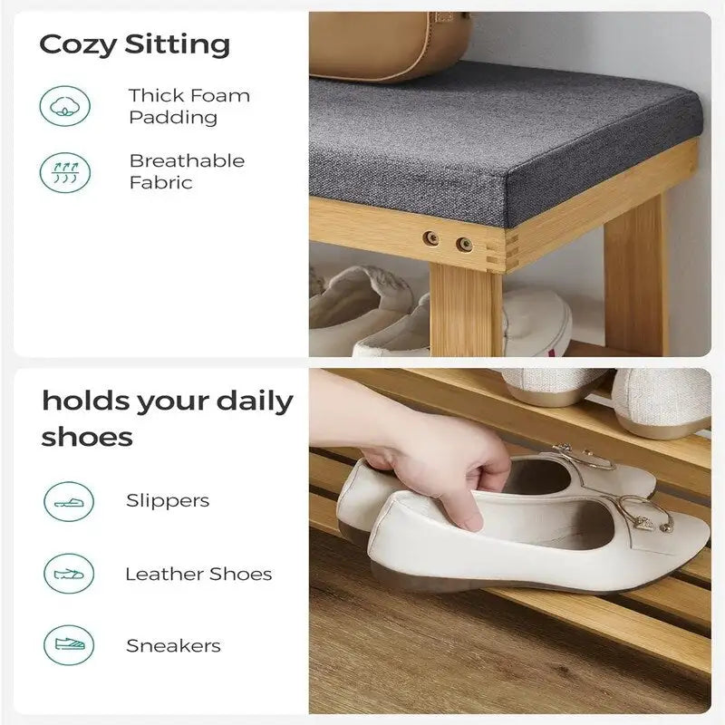 2-Shelf Bamboo Shoe Bench with Cushion, Seat for 1, Natural/Brown/Black/White + Gray