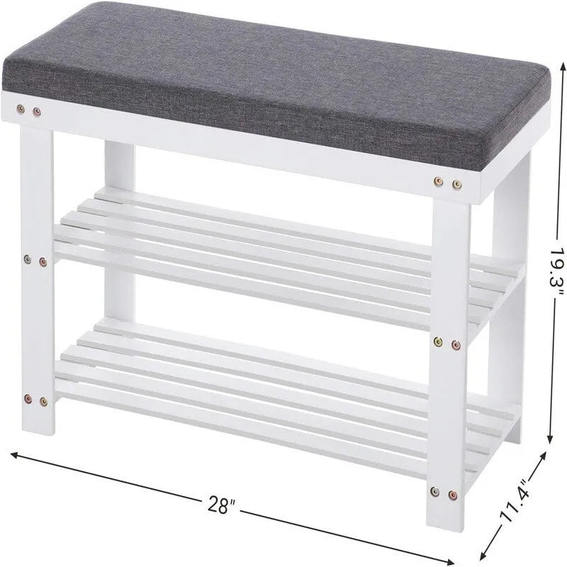 2-Shelf Bamboo Shoe Bench with Cushion, Seat for 1, Natural/Brown/Black/White + Gray