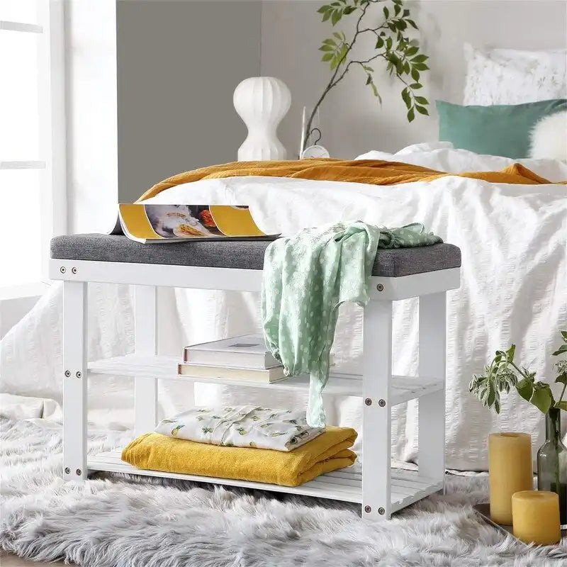 2-Shelf Bamboo Shoe Bench with Cushion, Seat for 1, Natural/Brown/Black/White + Gray