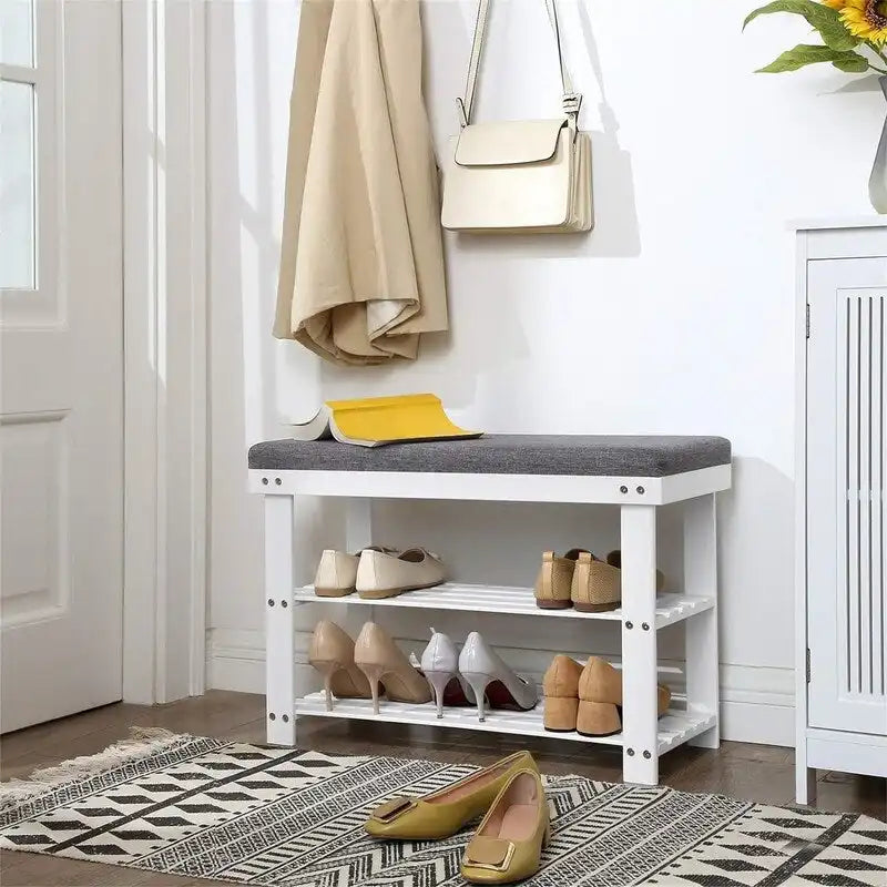 2-Shelf Bamboo Shoe Bench with Cushion, Seat for 1, Natural/Brown/Black/White + Gray