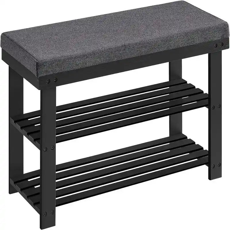 2-Shelf Bamboo Shoe Bench with Cushion, Seat for 1, Natural/Brown/Black/White + Gray