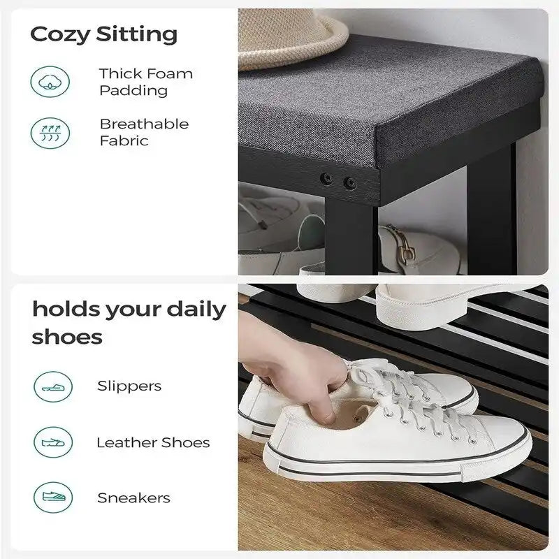 2-Shelf Bamboo Shoe Bench with Cushion, Seat for 1, Natural/Brown/Black/White + Gray