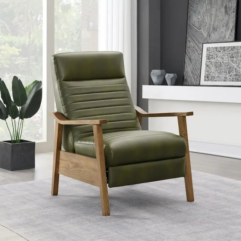 Fern Green / Midnight Blue / Burnished Brown / Camel Wood Arm Push Back Recliner, Single Seat