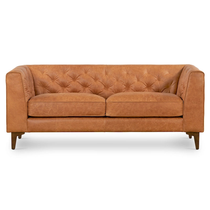 Tan Tufted 2-Seat Apartment Sofa - Full-Grain Italian Leather, 74"