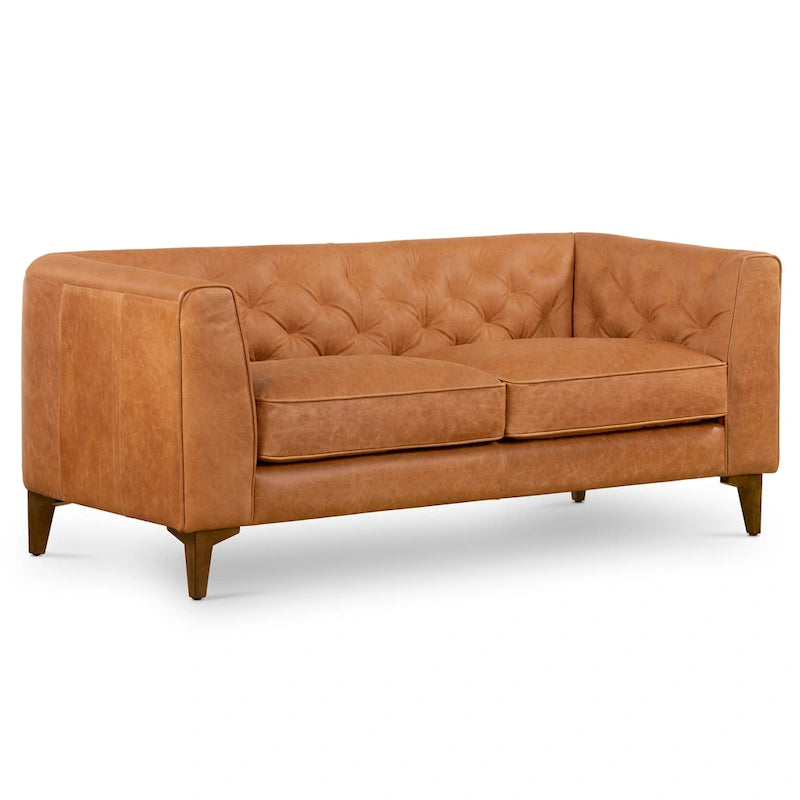 Tan Tufted 2-Seat Apartment Sofa - Full-Grain Italian Leather, 74"