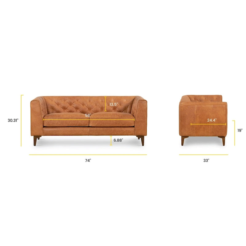 Tan Tufted 2-Seat Apartment Sofa - Full-Grain Italian Leather, 74"