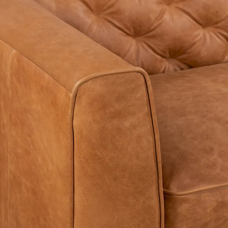 Tan Tufted 2-Seat Apartment Sofa - Full-Grain Italian Leather, 74"