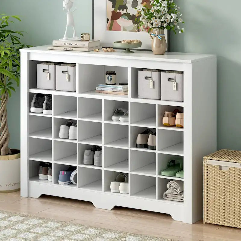 White / Black / Brown 24-Cubby Shoe Storage Cabinet, Minimalist Style, 1-Person Use