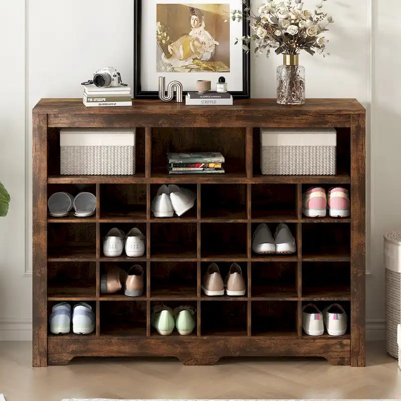 White / Black / Brown 24-Cubby Shoe Storage Cabinet, Minimalist Style, 1-Person Use
