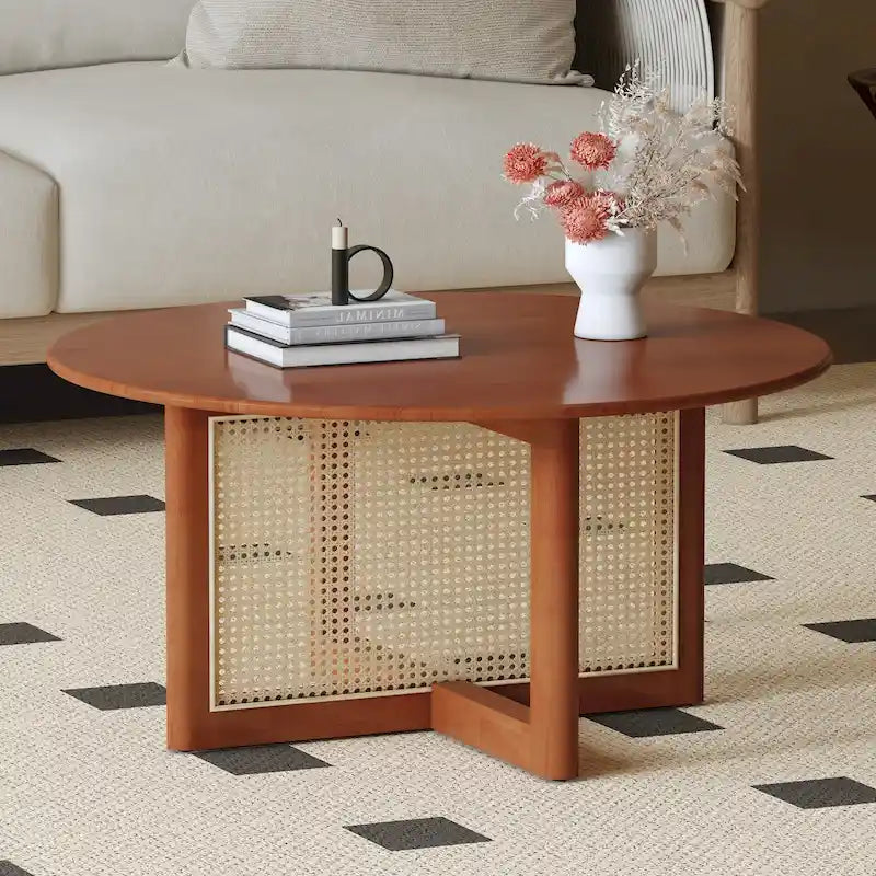 Round Wood & Rattan-Style Coffee Table, Red / Natural Wood, 1-Person Use