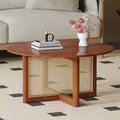 Round Wood & Rattan-Style Coffee Table, Red / Natural Wood, 1-Person Use
