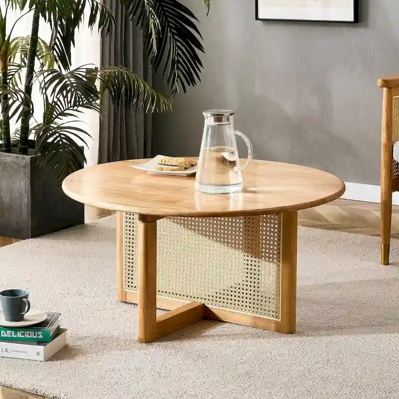 Round Wood & Rattan-Style Coffee Table, Red / Natural Wood, 1-Person Use