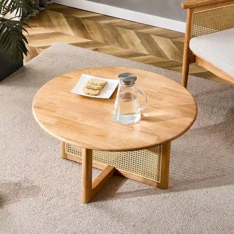 Round Wood & Rattan-Style Coffee Table, Red / Natural Wood, 1-Person Use