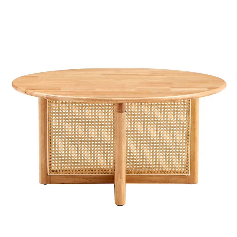 Round Wood & Rattan-Style Coffee Table, Red / Natural Wood, 1-Person Use