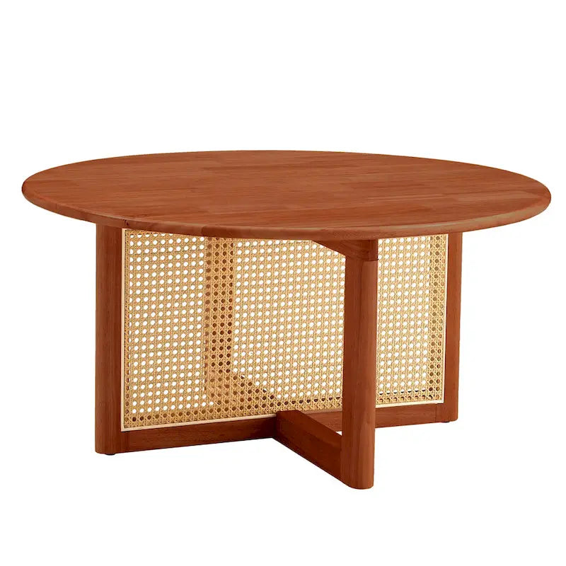 Round Wood & Rattan-Style Coffee Table, Red / Natural Wood, 1-Person Use