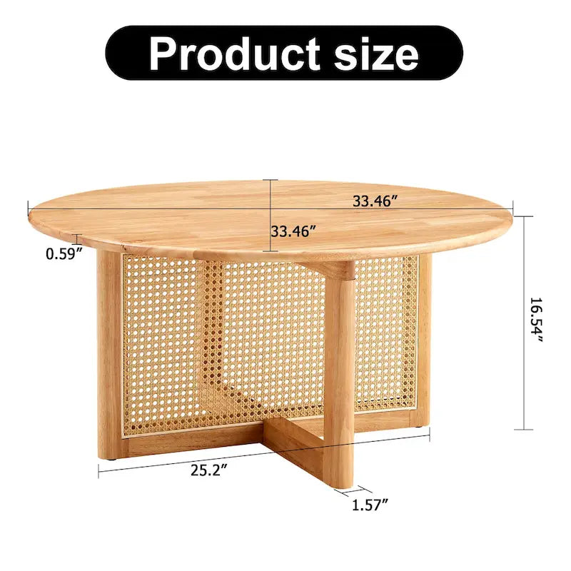 Round Wood & Rattan-Style Coffee Table, Red / Natural Wood, 1-Person Use