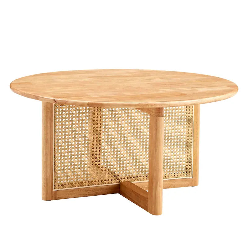 Round Wood & Rattan-Style Coffee Table, Red / Natural Wood, 1-Person Use