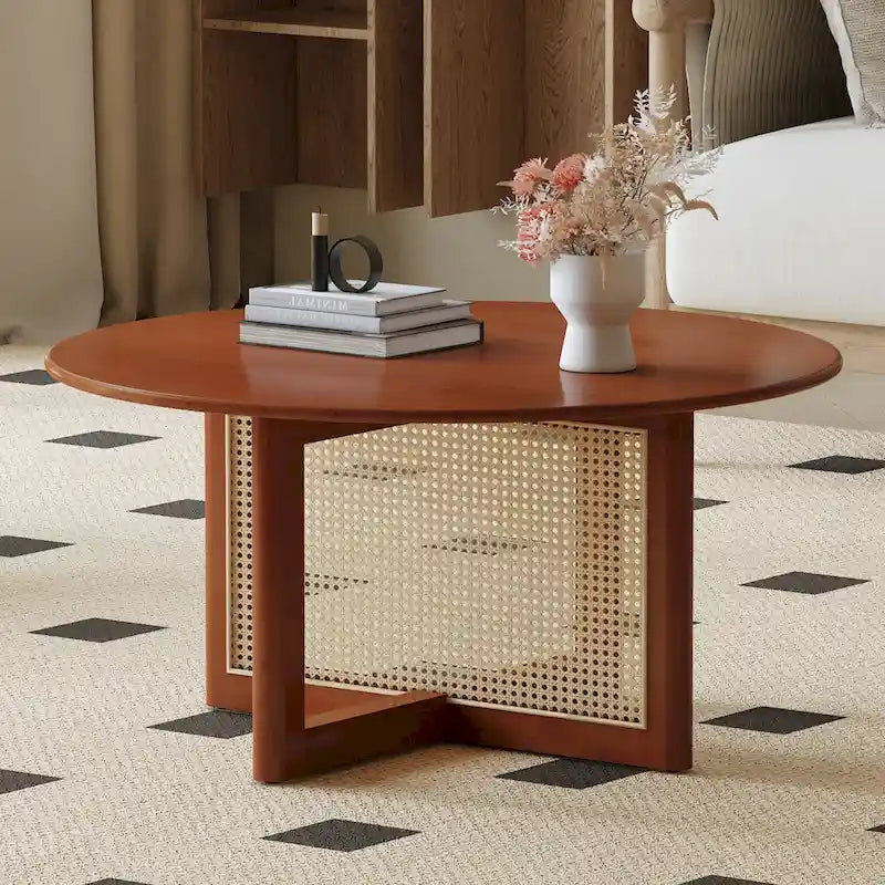 Round Wood & Rattan-Style Coffee Table, Red / Natural Wood, 1-Person Use