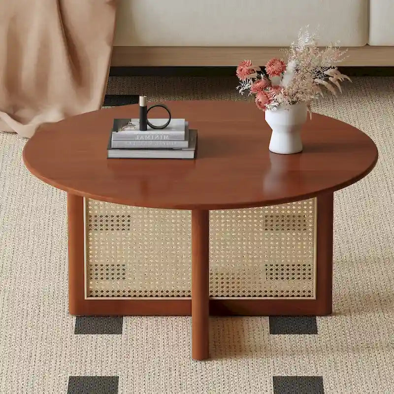 Round Wood & Rattan-Style Coffee Table, Red / Natural Wood, 1-Person Use