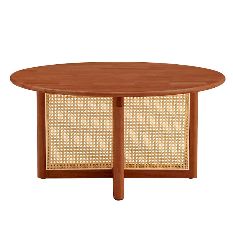 Round Wood & Rattan-Style Coffee Table, Red / Natural Wood, 1-Person Use