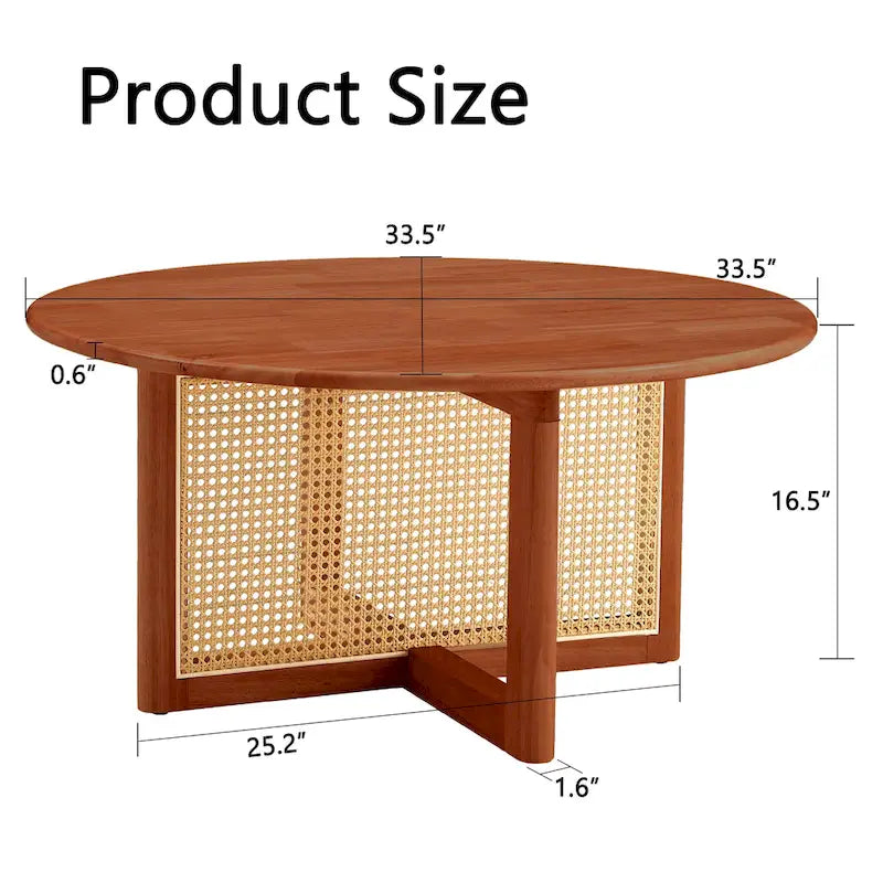 Round Wood & Rattan-Style Coffee Table, Red / Natural Wood, 1-Person Use