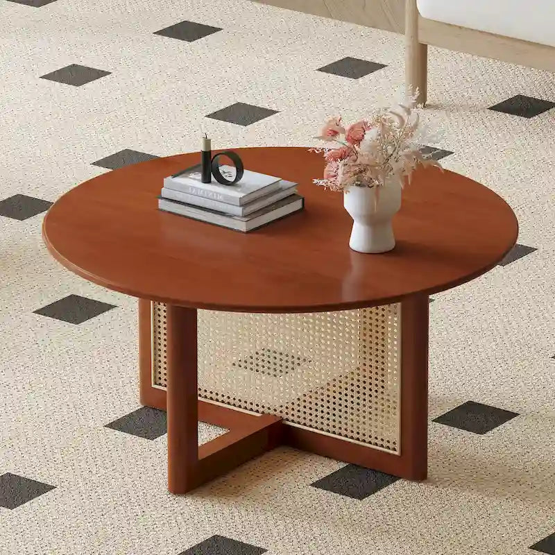 Round Wood & Rattan-Style Coffee Table, Red / Natural Wood, 1-Person Use