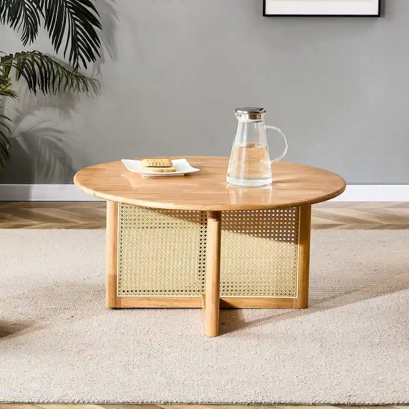 Round Wood & Rattan-Style Coffee Table, Red / Natural Wood, 1-Person Use