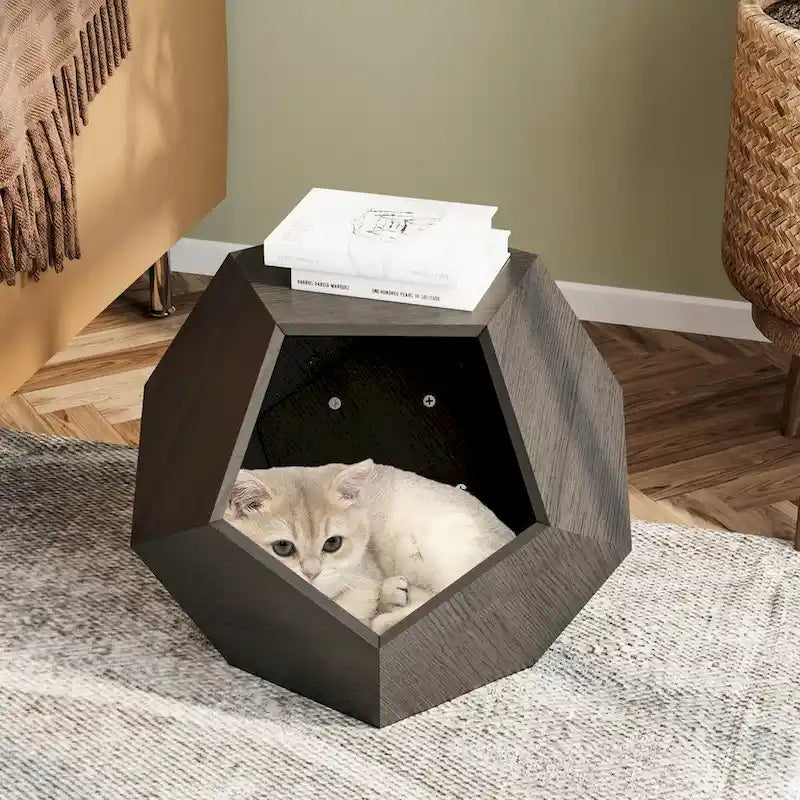 Cat Kennel Side Table, Antique Brown/Cement Grey/Black Brown/White Oak, 1-Cat, MDF