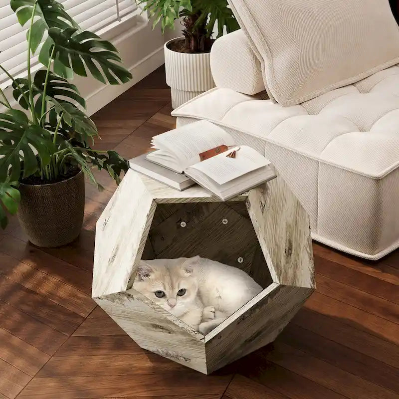 Cat Kennel Side Table, Antique Brown/Cement Grey/Black Brown/White Oak, 1-Cat, MDF