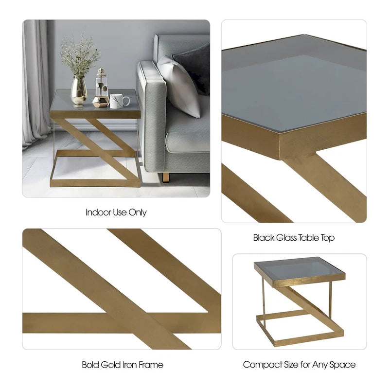 Black & Gold Glass Top Side Accent Table, 22"W x 22"D x 20"H