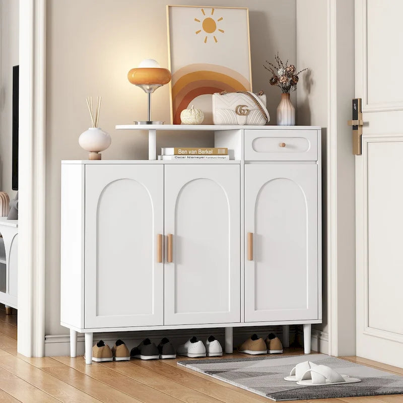 White / Black Arched Door Shoe Cabinet with Drawer, 2-Person Assembly