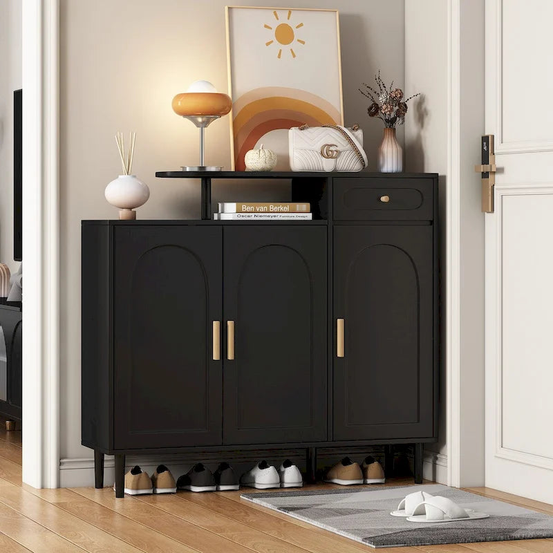 White / Black Arched Door Shoe Cabinet with Drawer, 2-Person Assembly
