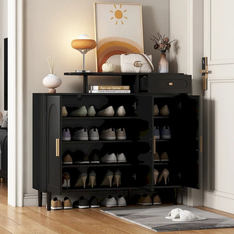 White / Black Arched Door Shoe Cabinet with Drawer, 2-Person Assembly