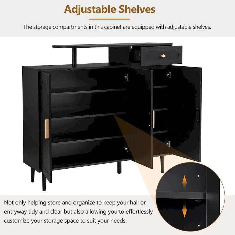 White / Black Arched Door Shoe Cabinet with Drawer, 2-Person Assembly