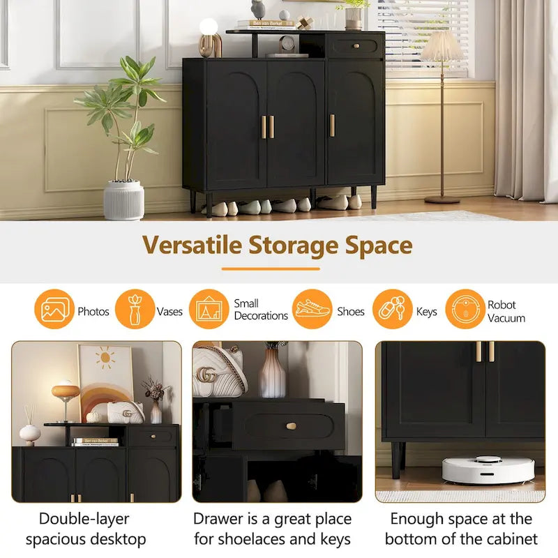 White / Black Arched Door Shoe Cabinet with Drawer, 2-Person Assembly