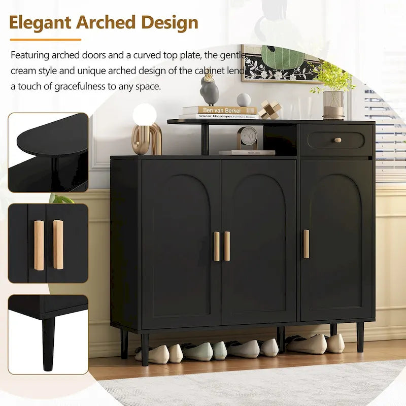 White / Black Arched Door Shoe Cabinet with Drawer, 2-Person Assembly