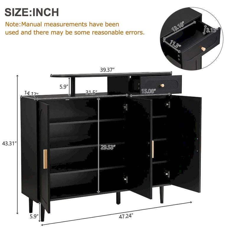 White / Black Arched Door Shoe Cabinet with Drawer, 2-Person Assembly