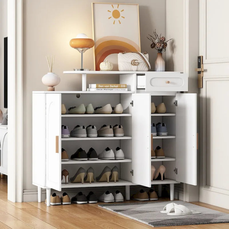 White / Black Arched Door Shoe Cabinet with Drawer, 2-Person Assembly