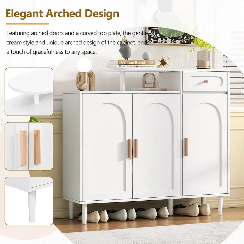 White / Black Arched Door Shoe Cabinet with Drawer, 2-Person Assembly