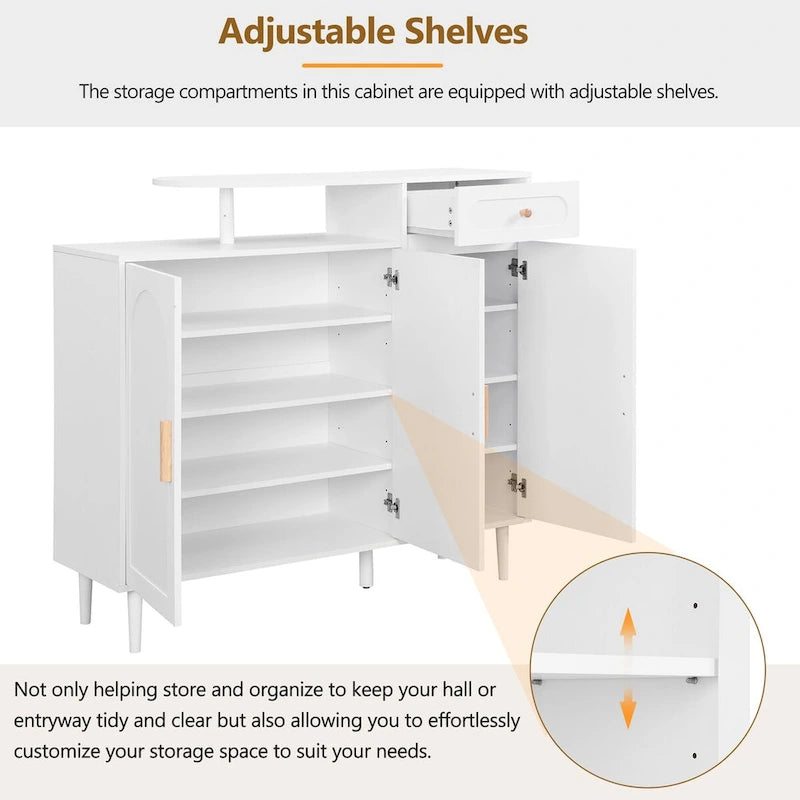 White / Black Arched Door Shoe Cabinet with Drawer, 2-Person Assembly