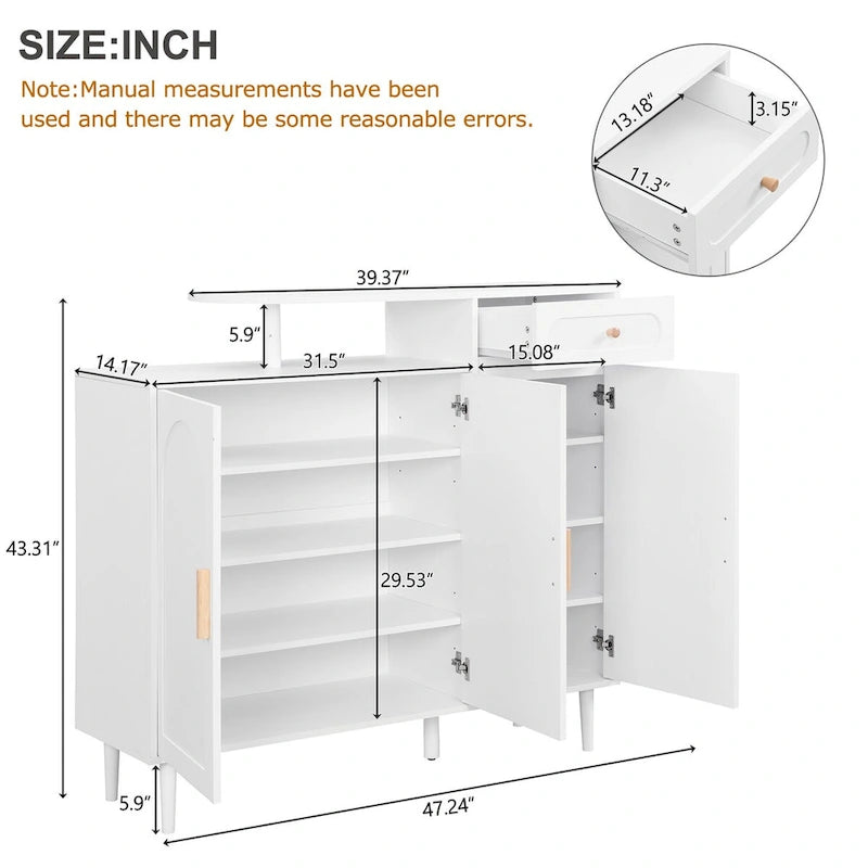 White / Black Arched Door Shoe Cabinet with Drawer, 2-Person Assembly