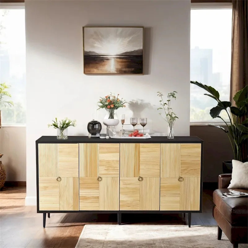 Elegant Vintage 4-Door Cabinet with Carved Effect Decoration Doors