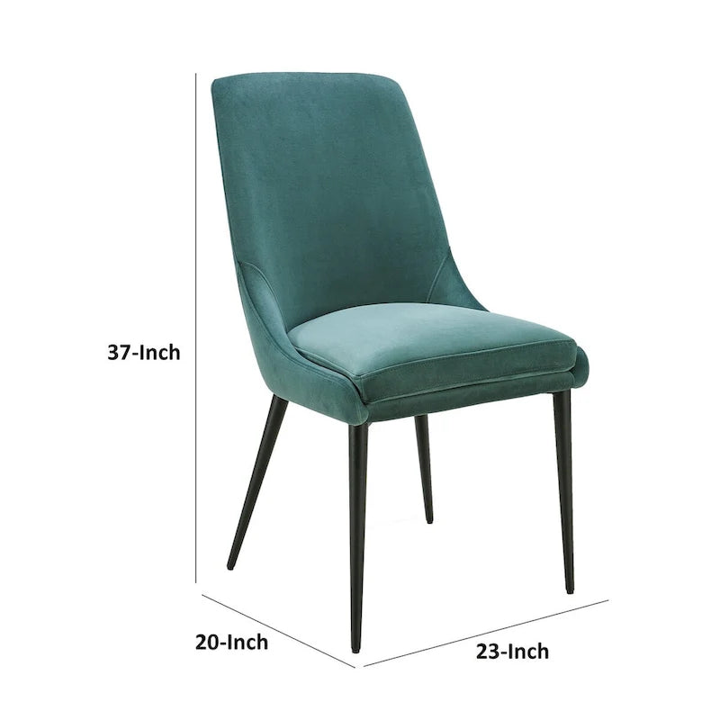 Wils 20 Inch Set of 2 Dining Chairs, Green Velvet, Black Tapered Metal Legs