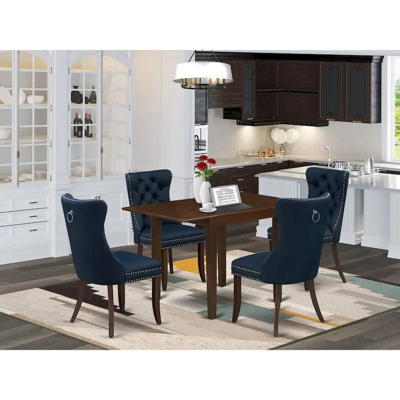 Navy Blue Drop-Leaf Dining Table Set with Button-Tufted Chairs, Mahogany, 3 or 5-Piece