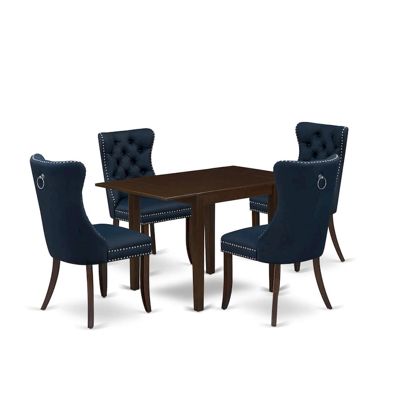 Navy Blue Drop-Leaf Dining Table Set with Button-Tufted Chairs, Mahogany, 3 or 5-Piece